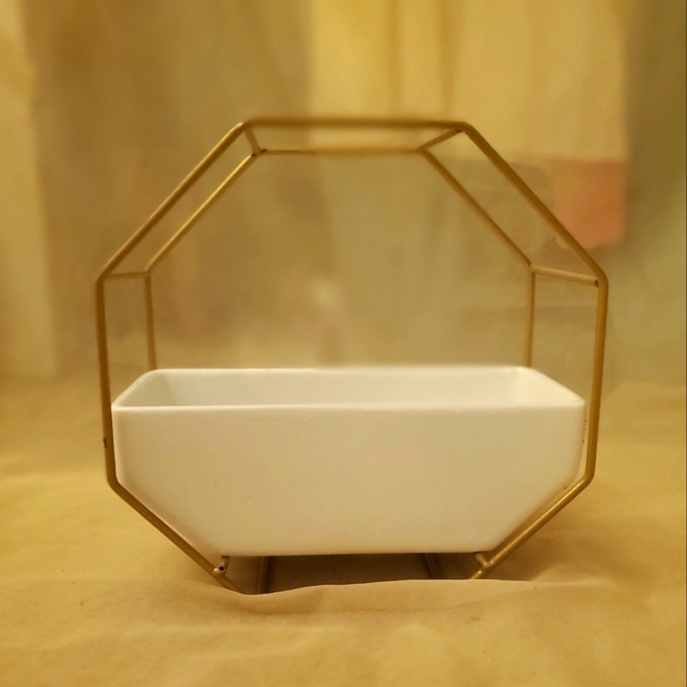 Modern White Ceramic and Brushed Gold Framed Hexagon Planter Vase w Drain Hole